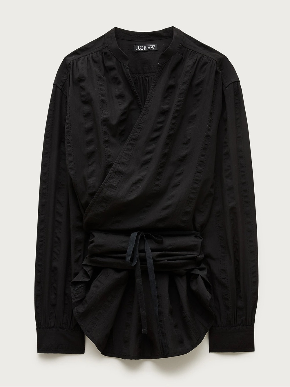 J.Crew Black Wrap Top in Striped Cotton Dobby